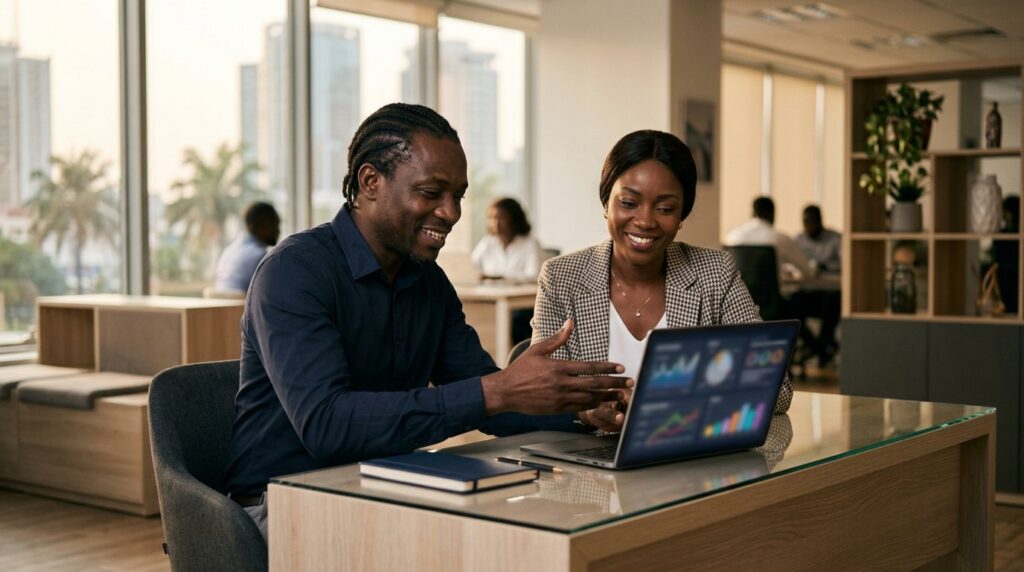 Un ingénieur d'AORA Technologies présente une application métier à une cliente