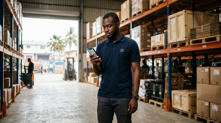 Un technicien consulte une application mobile métier dans un entrepôt