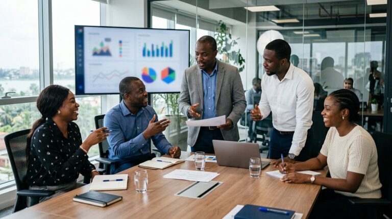 Équipe d'AORA Technologies en atelier de travail autour d'un tableau de bord
