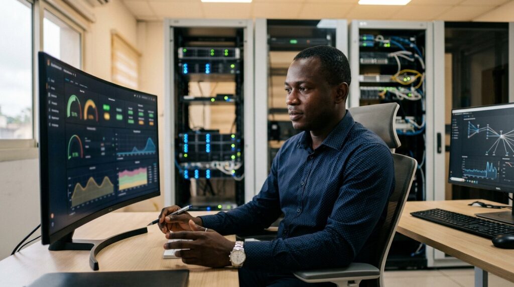 Un ingénieur système supervise une infrastructure sur un écran de monitoring