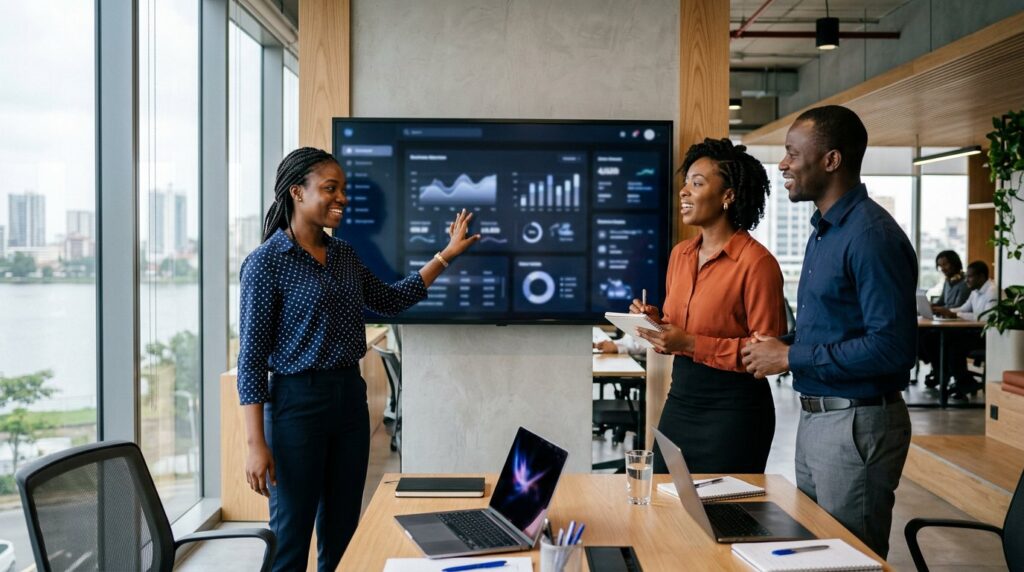 Une développeuse d’AORA présente une interface métier à deux utilisateurs de leur service