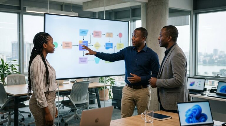 Trois collaborateurs analysant un schéma de flux de travail automatisé sur un écran mural