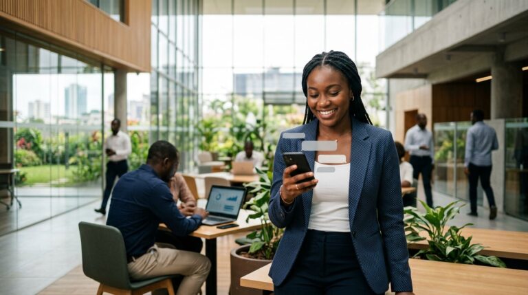 Une professionnelle échangeant avec un assistant conversationnel sur son smartphone