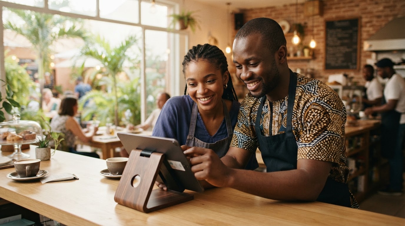 Deux restaurateurs consultant RestoLive sur une tablette au comptoir